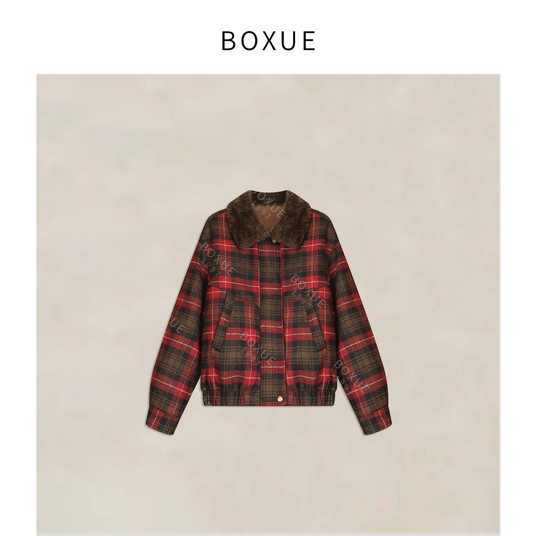 BOXUE“彩糖”2025冬季咖色保暖羊.毛格子90白鸭绒服#251205YR7382
