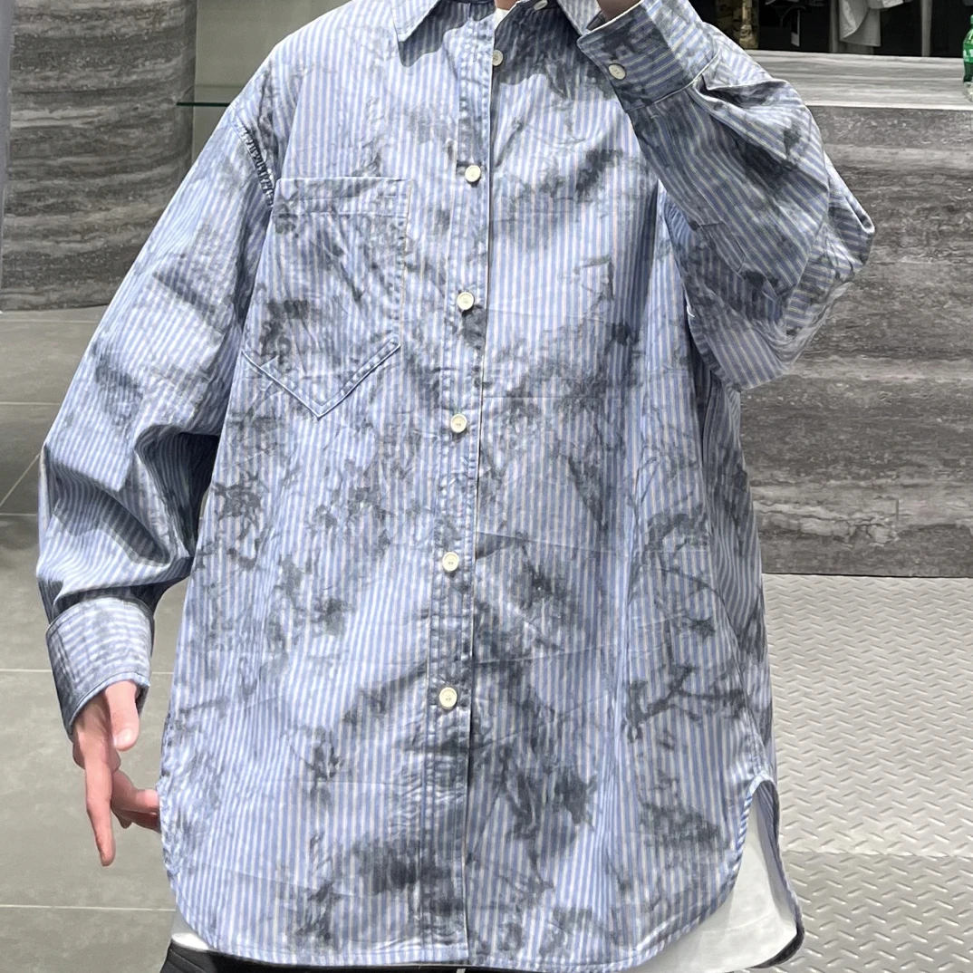 美式复古条纹印花男士长袖衬衫春秋外穿宽松百搭衬衣