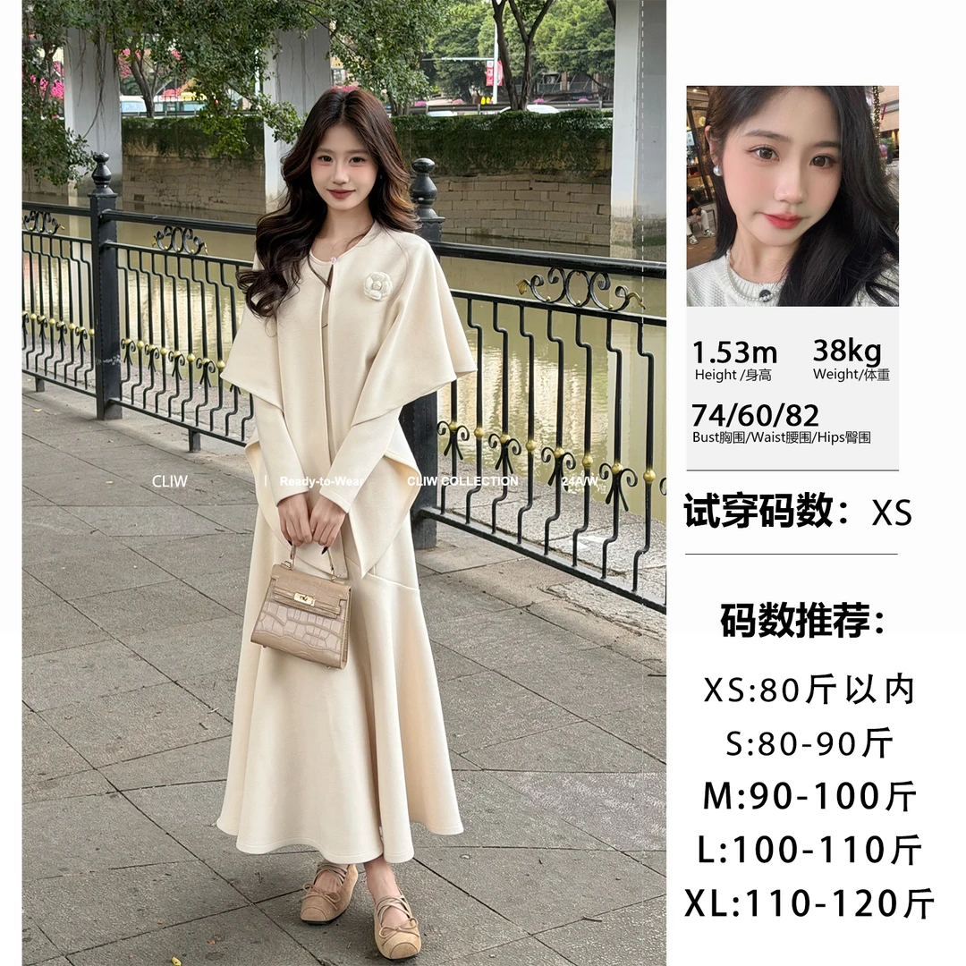 菜菜【雨境漫纱】小个子冬季显瘦显高设计感披肩连衣裙两件套