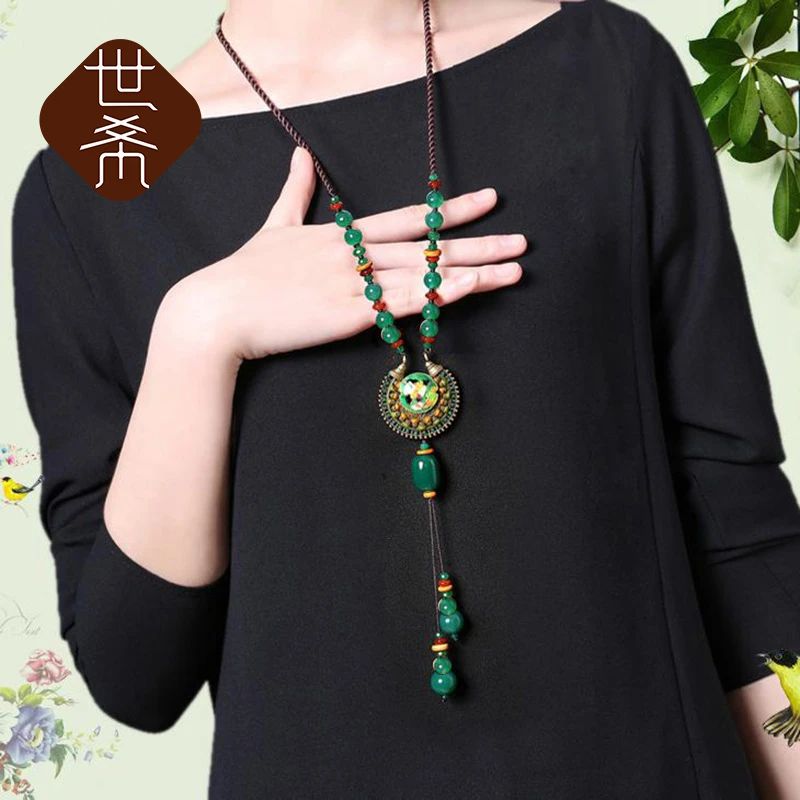 铜合金珐琅项链 长款民族风手工女流苏毛衣链复古吊坠百搭配饰品