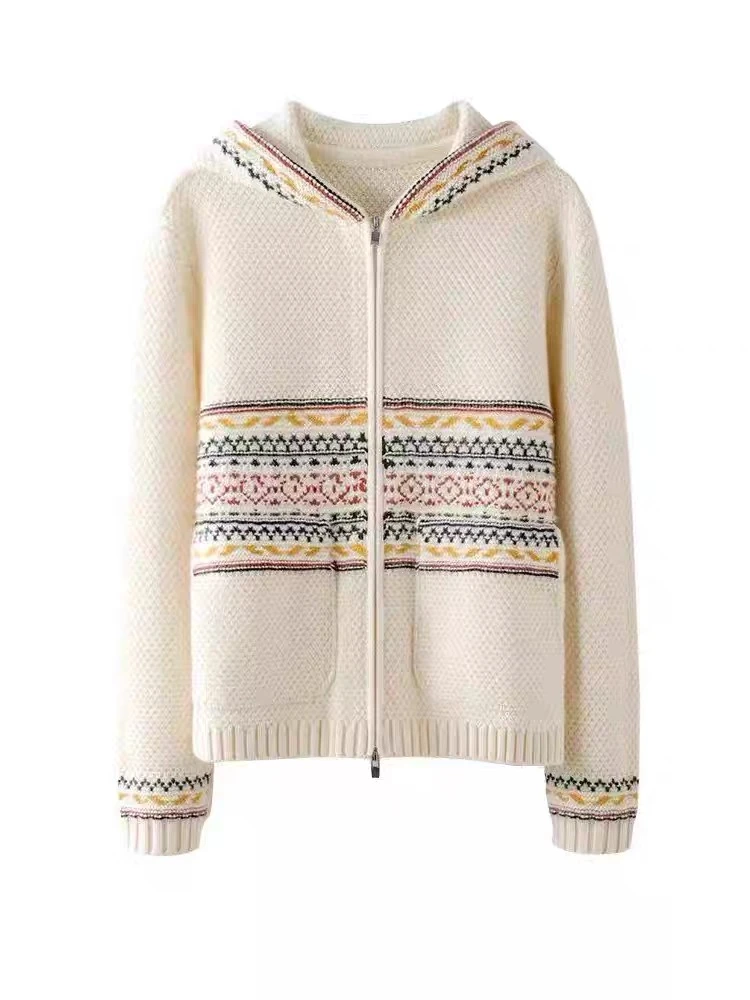 【玛瑙】秋季新款时尚百搭休闲几何撞色连帽拉链针织开衫2716