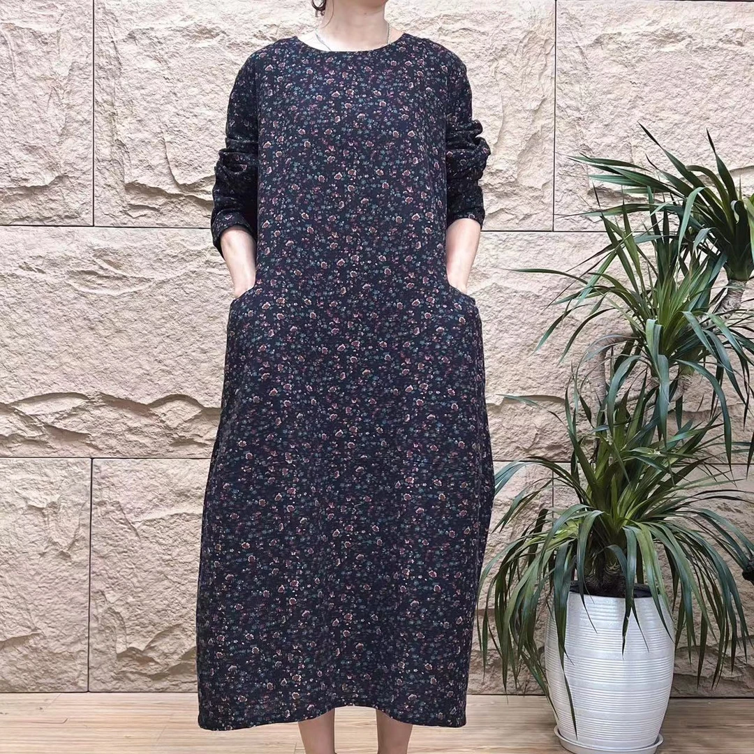 8021新款文艺优雅显瘦气质A字版印花长款大摆连衣裙时尚文艺复古