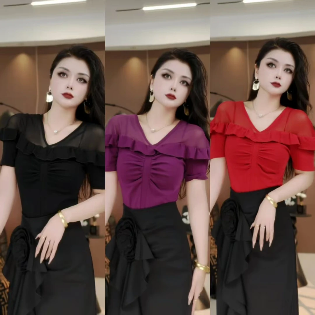 2025年新款夏季女装V领性感微透荷叶边百搭修身短袖T恤79