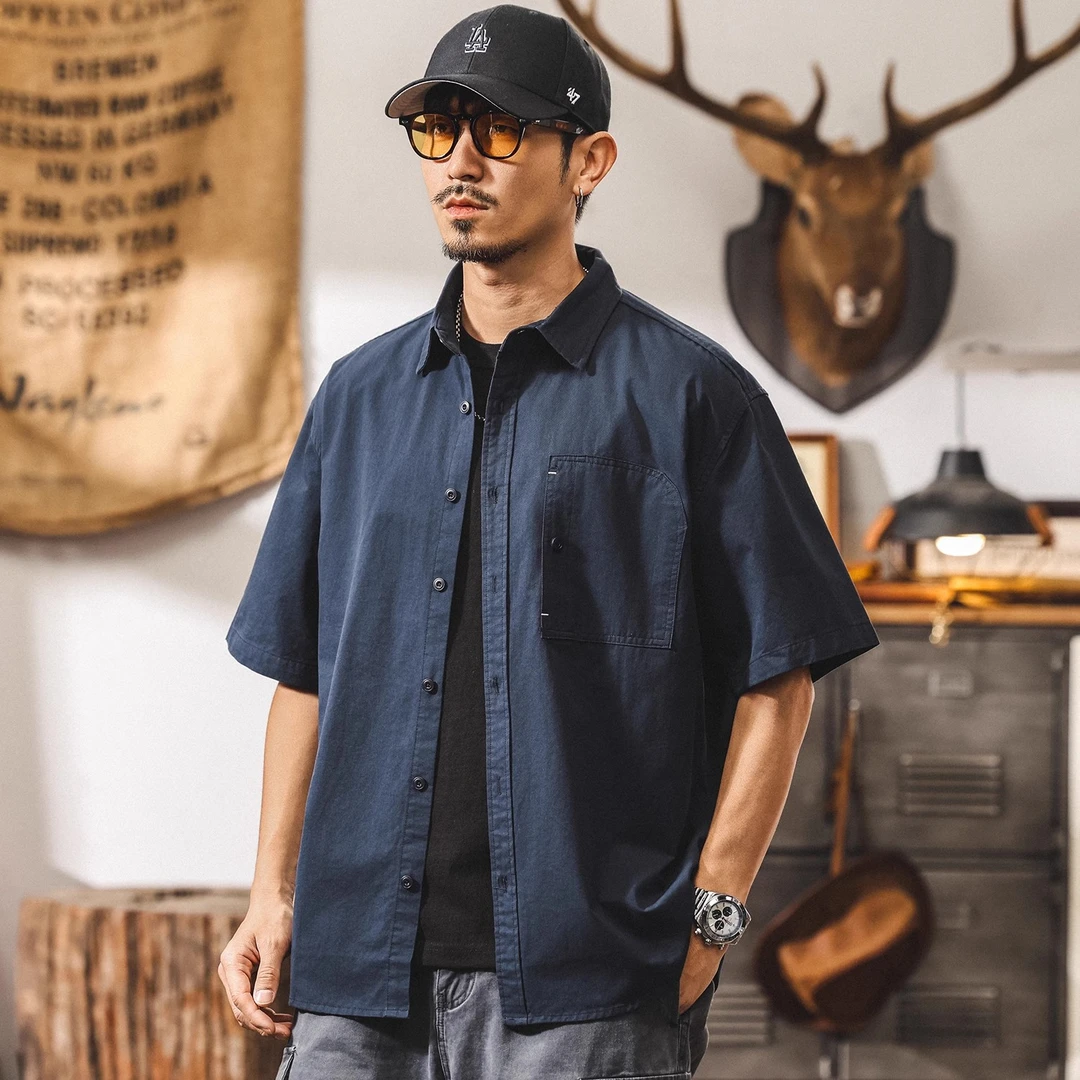 美式复古纯棉工装衬衫男短袖夏季薄款外套男潮牌简约宽松男士衬衣