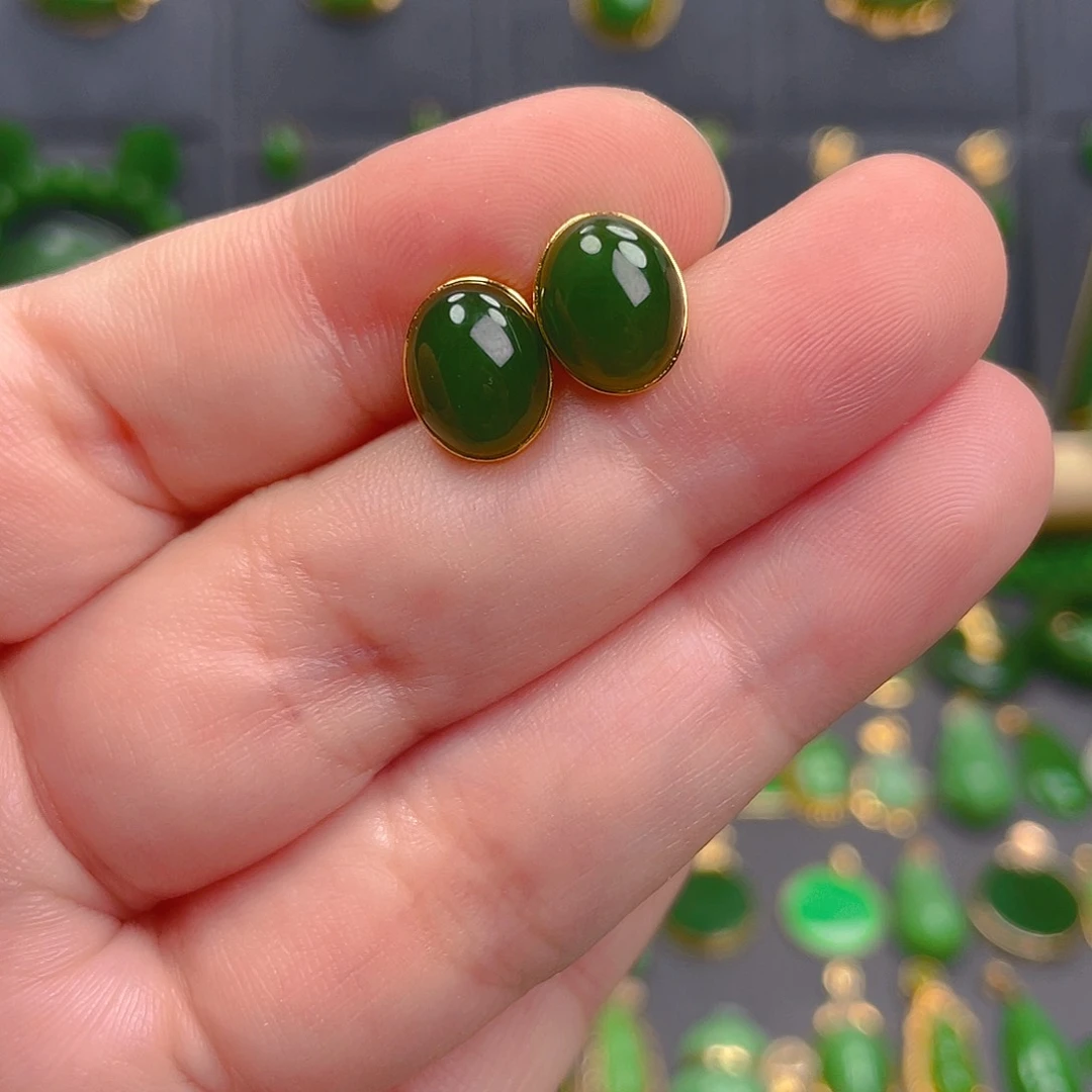 和田玉18K金镶嵌耳饰980