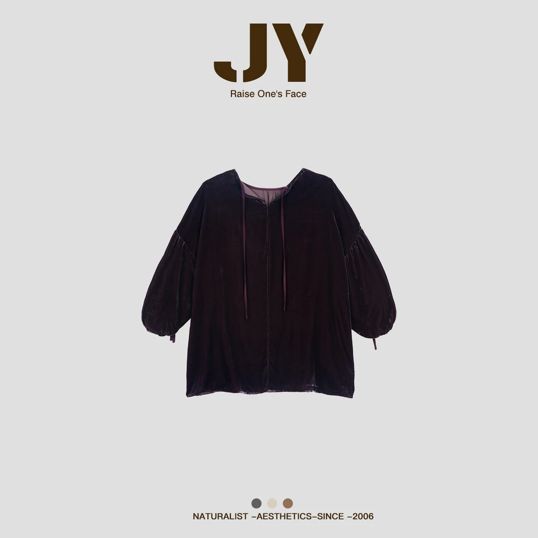 HUI - 【雾月】CY-6398 优雅复古丝绒系带衬衫