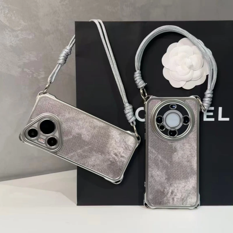 奥菲顿灰色牛仔纹适用苹果16/15四角挂绳手机壳华为vivoppo小米14