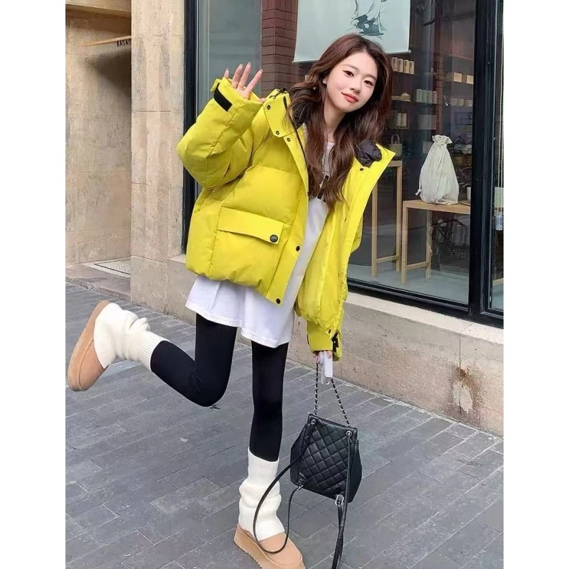 羽绒服外套女冬长袖短款连帽面包服拉链纯色宽松欧货8397