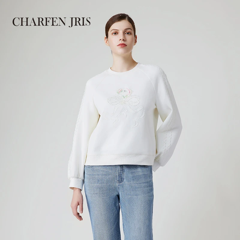 【媛媛专享】朝峰秋季精致休闲米白绣花宽松卫衣FJE3B621-6031B