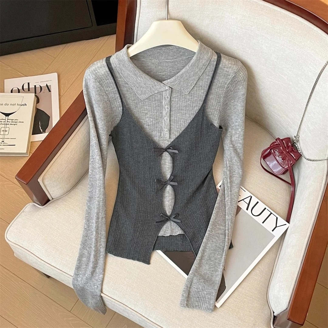 高级灰软糯洋气假两件针织衫女春季新款甜酷辣妹外穿显瘦长袖上衣