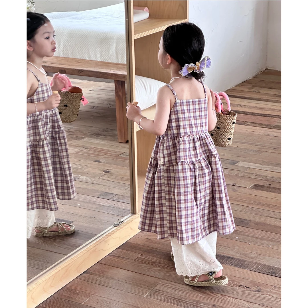 小惜亦夏季2025韩版童装女童格子吊带连衣裙白色休闲裤时尚两件套