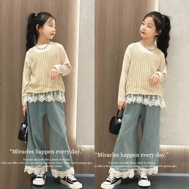 女童毛衣马甲蕾丝花边打底衫套装2025春款日系学院风牛仔裤