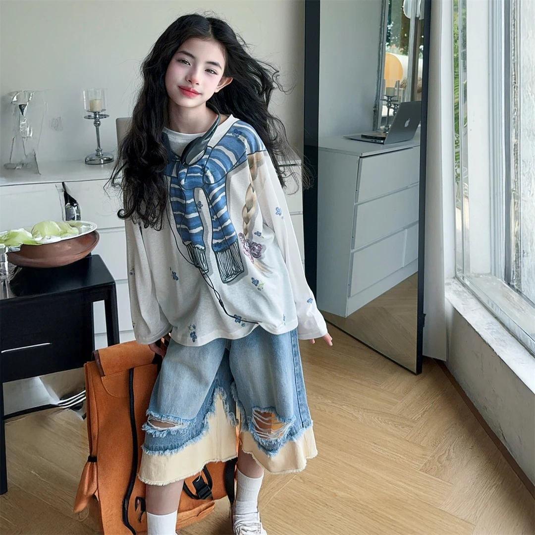 女童夏季2025新款韩版休闲个性印花防晒衣宽松拼接阔腿牛仔裤套装