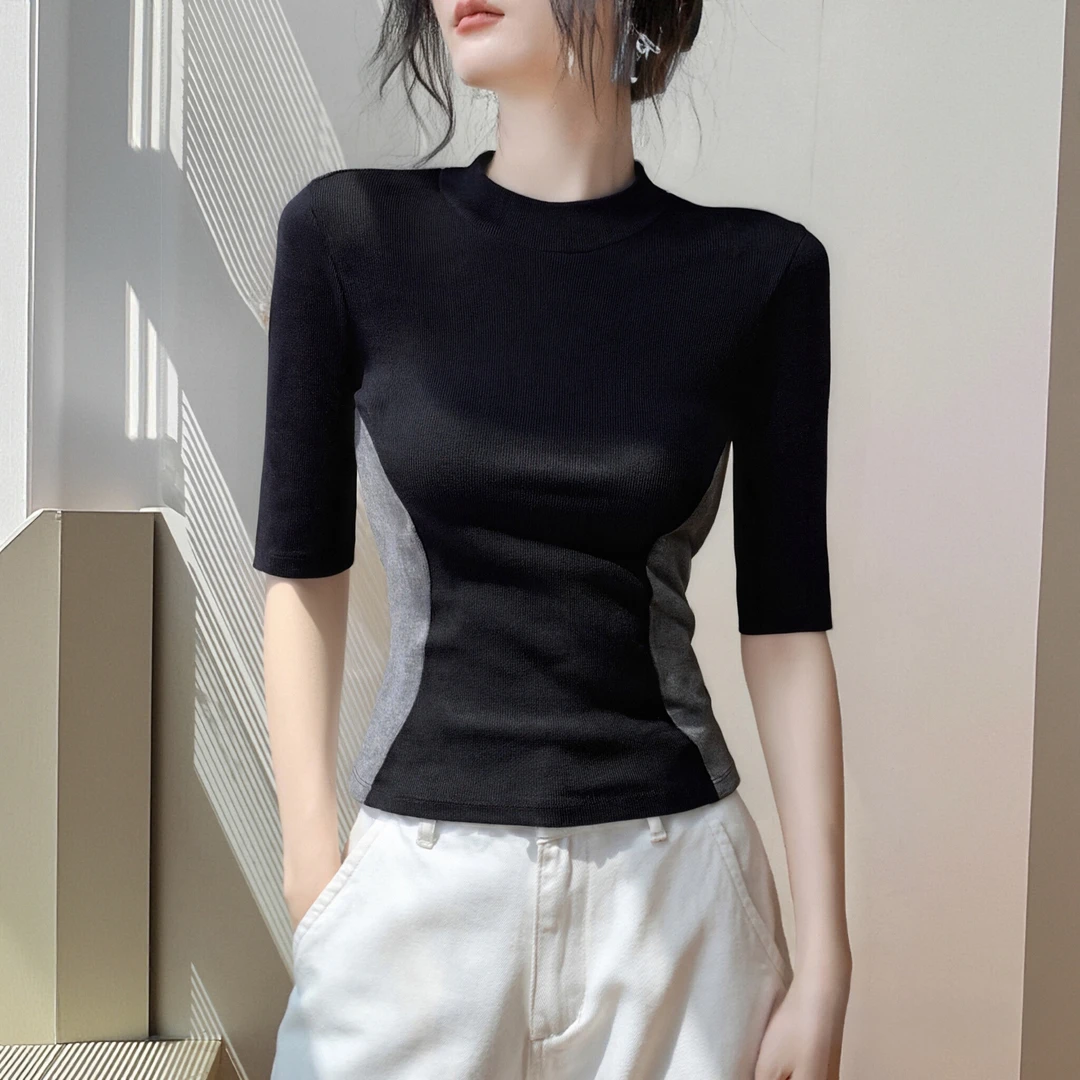 螺纹半高领撞色短袖打底拼色时尚百搭显瘦早春秋新款修身收腰上衣