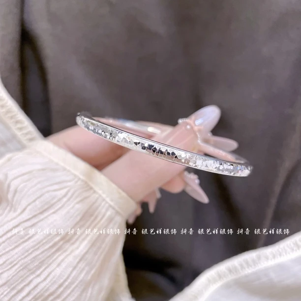 足银手镯 足银999.9【岁平安】碎冰冰爆闪cnc气质亮面时尚足银手镯