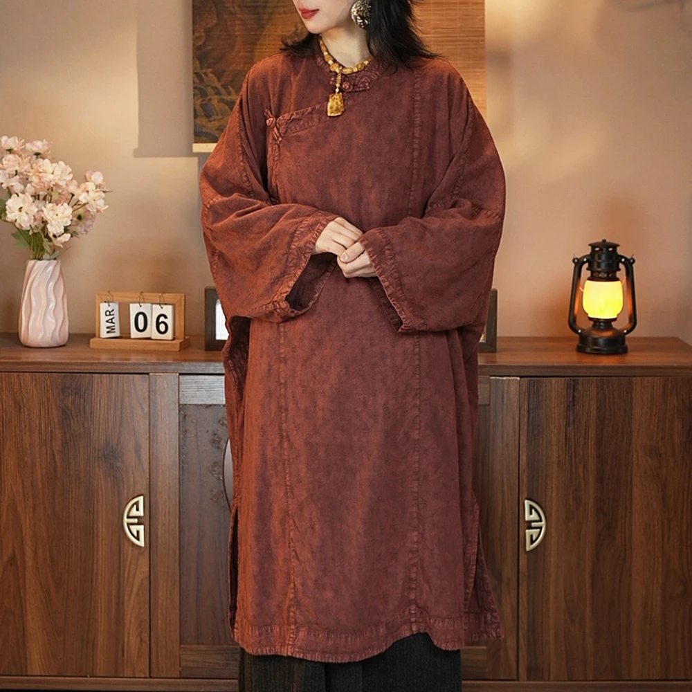 上衣女春季新款宽松复古提花亚麻炒色做旧中式斜襟盘扣中长款袍子