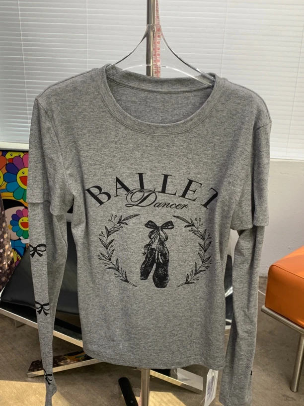 laber three芭蕾舞鞋蝴蝶结印花假两件长袖T