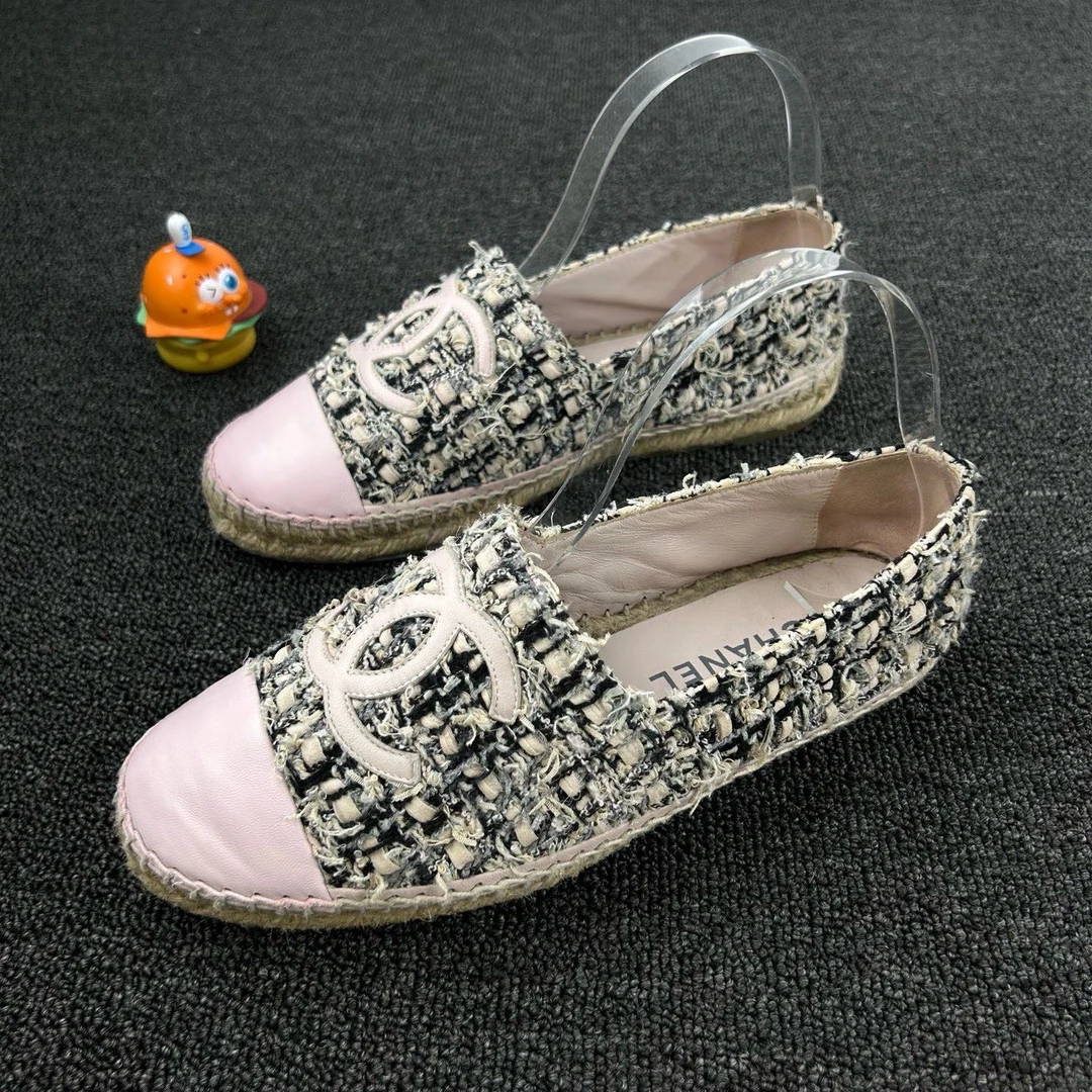 95新 Chanel/香奈儿 粉色毛呢渔夫鞋 39码 毛呢面料 HB2279