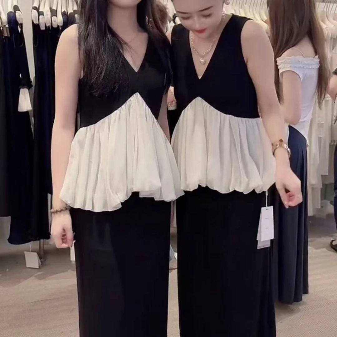 712夏季新款高级感气质小香风性感纯欲女拼色V领背心女装无袖上衣