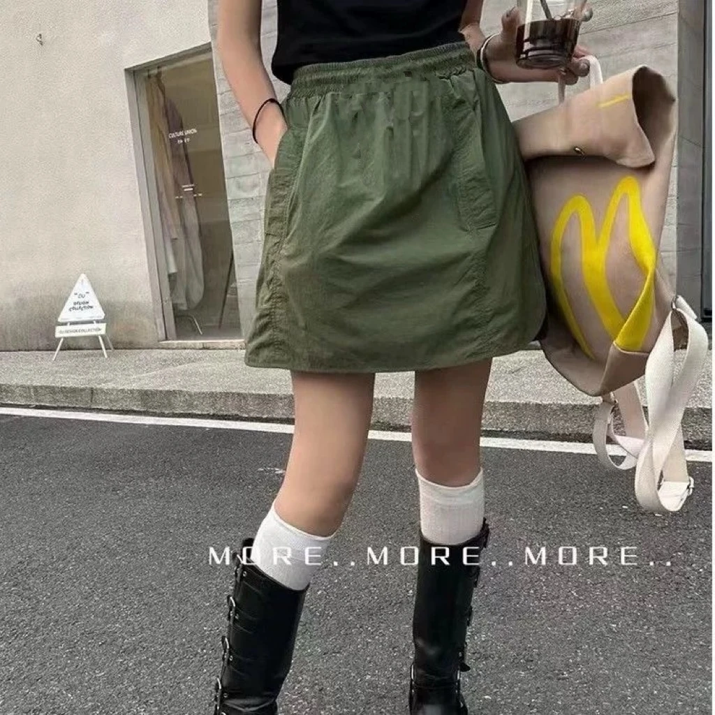 Q9320工装半身短裙女带口袋松紧腰下摆抽绳无内衬设计感a字伞裙