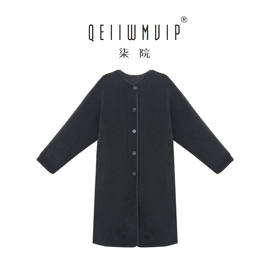 QEIIWMVIP/柒院冬季韩系慵懒风圆领一体颗粒绒保暖大衣7620