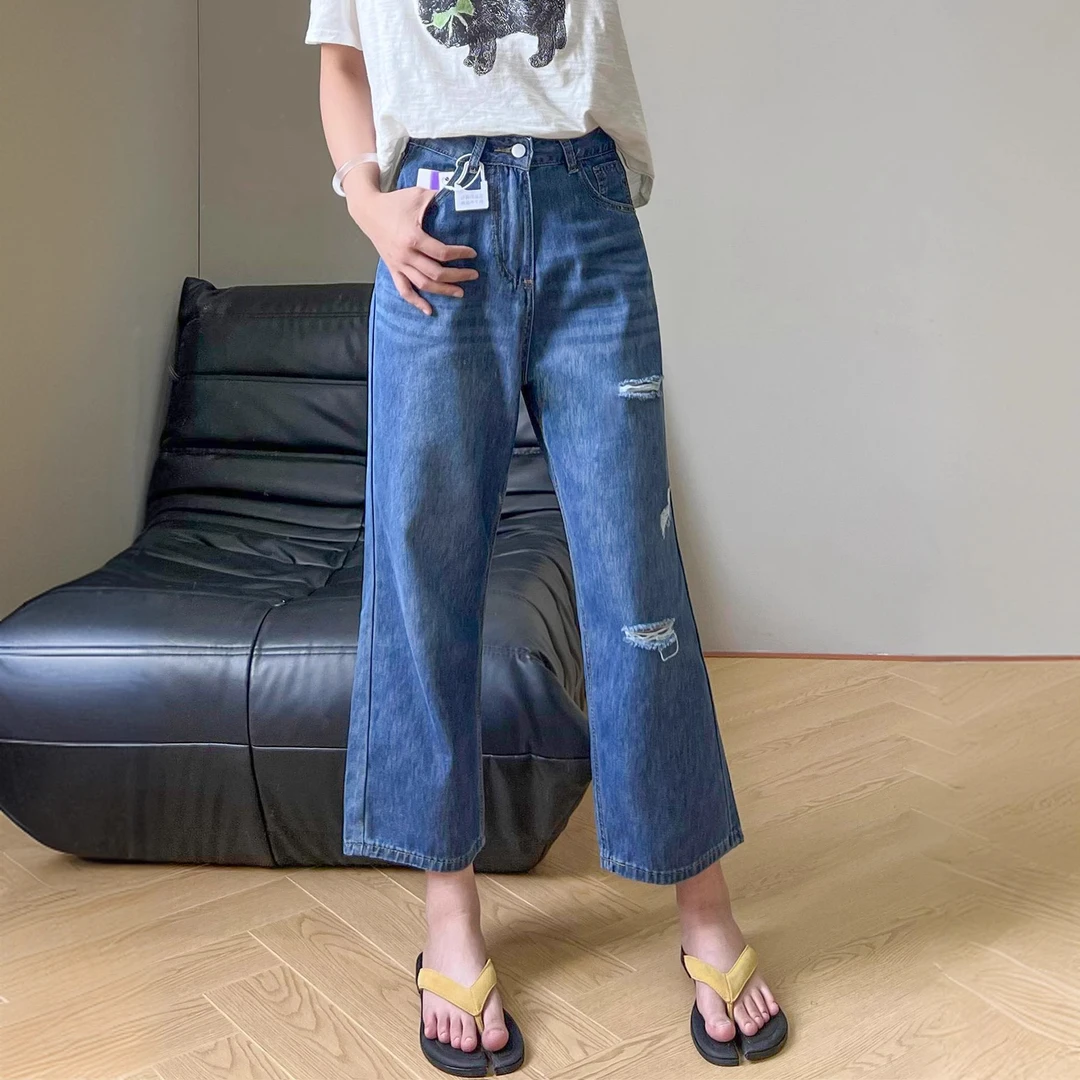 高腰显瘦直筒蓝色破洞牛仔裤女夏季新款大码梨型身材宽松阔腿裤子