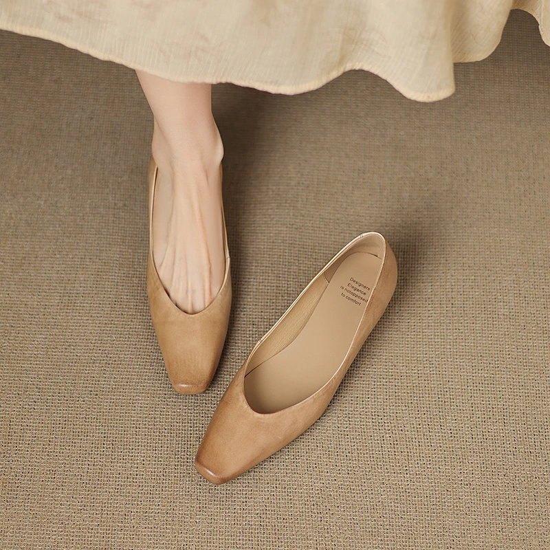 头层牛皮！酒红色内增高单鞋女2025新款真皮小方头一脚蹬小皮鞋