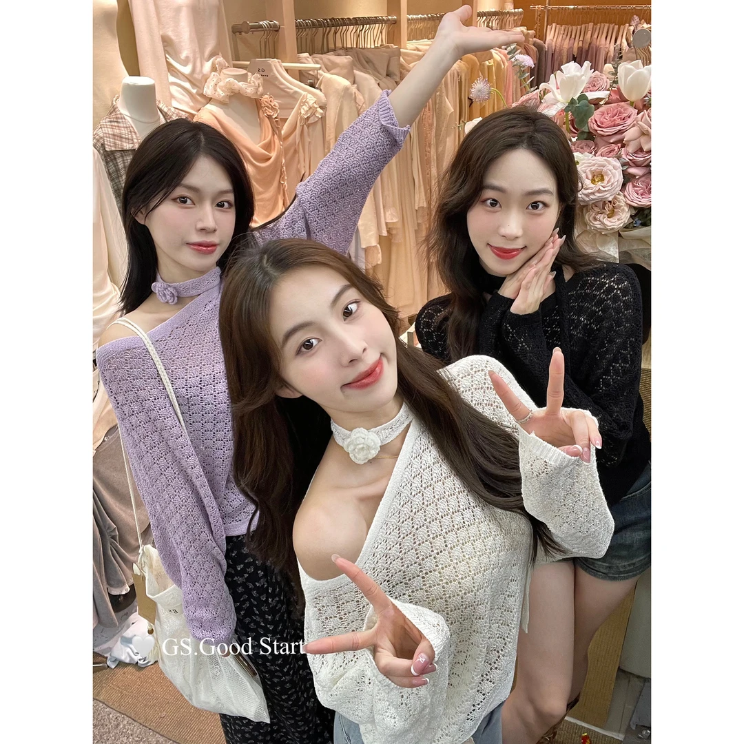 【GS.GOOD START】法式镂空慵懒蝙蝠袖针织小衫（配飘带）G2093# WXC