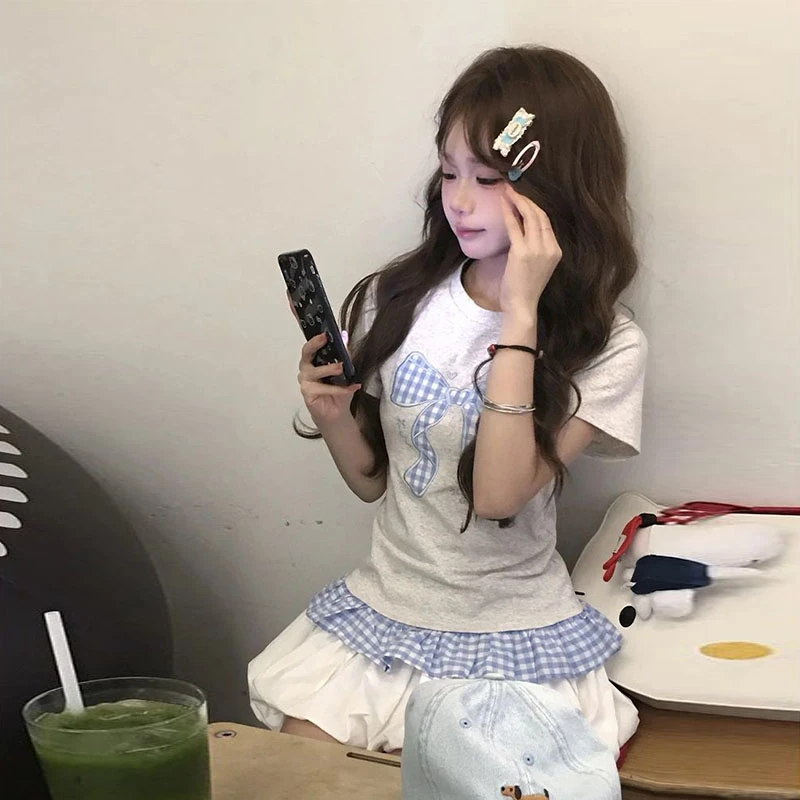 美式chic蝴蝶刺绣t恤女夏季学院风设计感修身显瘦假两件短袖上衣