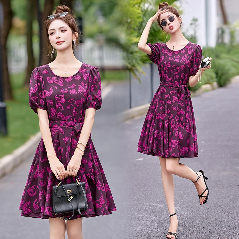 法式气质玫瑰印花连衣裙女2025夏季新款小个子系带收腰中长款裙子
