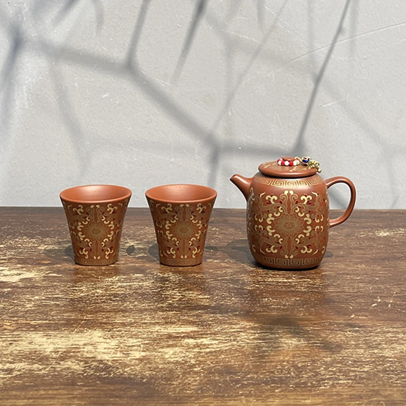 惊蛰 朱泥原矿紫砂金繁花四方壶中式家用泡茶壶一壶两杯功夫茶具