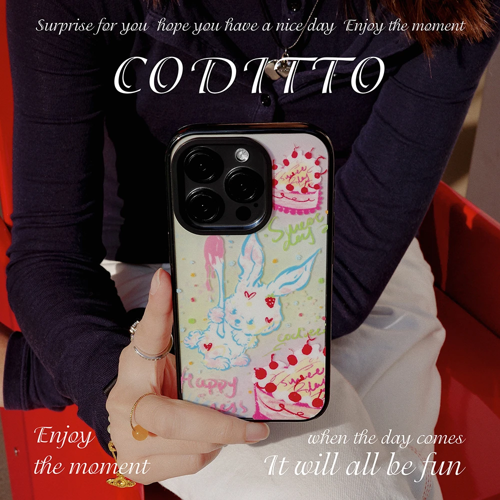 coditto蛋糕小兔磨砂黑边适用苹果16 15 14promax手机壳可爱原创