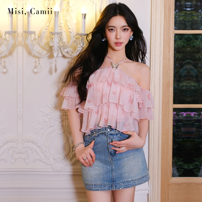 Misi,Camii2025春夏新款女装蝴蝶挂脖荷叶边上衣时尚轻奢显瘦百搭