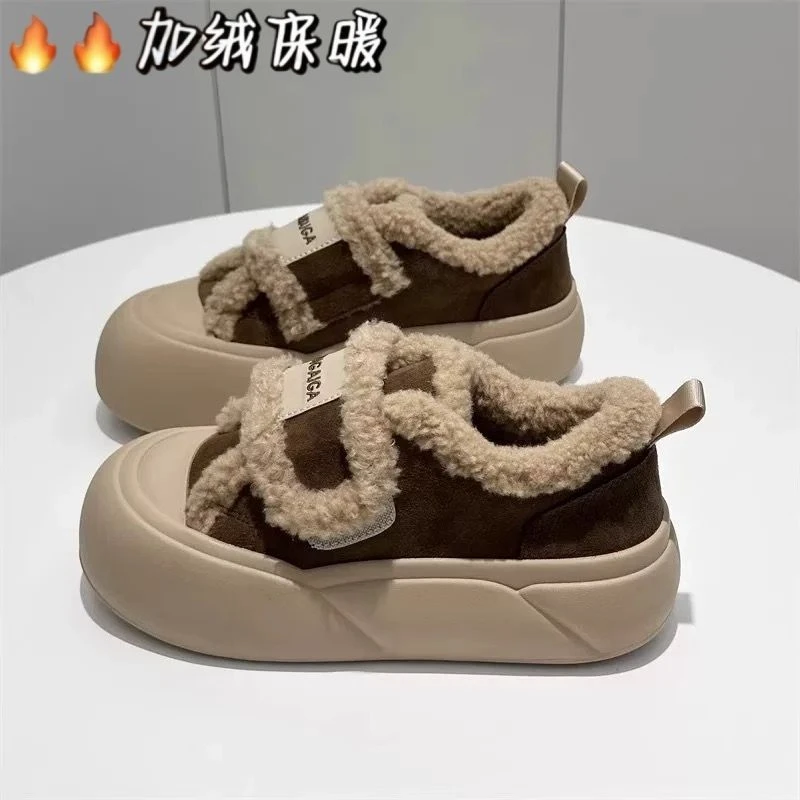 松糕底魔术贴棉鞋女冬加绒加厚2025冬季新款一脚蹬乐福鞋面包鞋潮