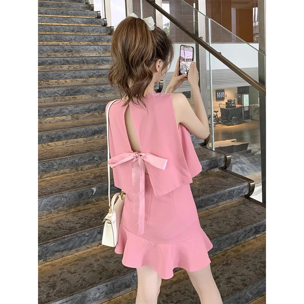 小个子轻熟设计感时尚套装无袖上衣+半裙FM2306 064502