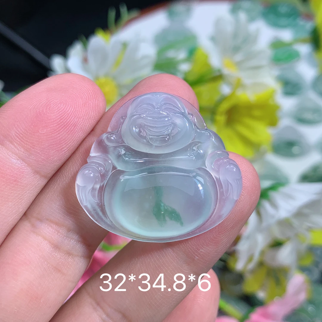 缅甸天然翡翠A货冰种飘花佛公吊坠品礼物精致雕刻玉石女士轻奢气