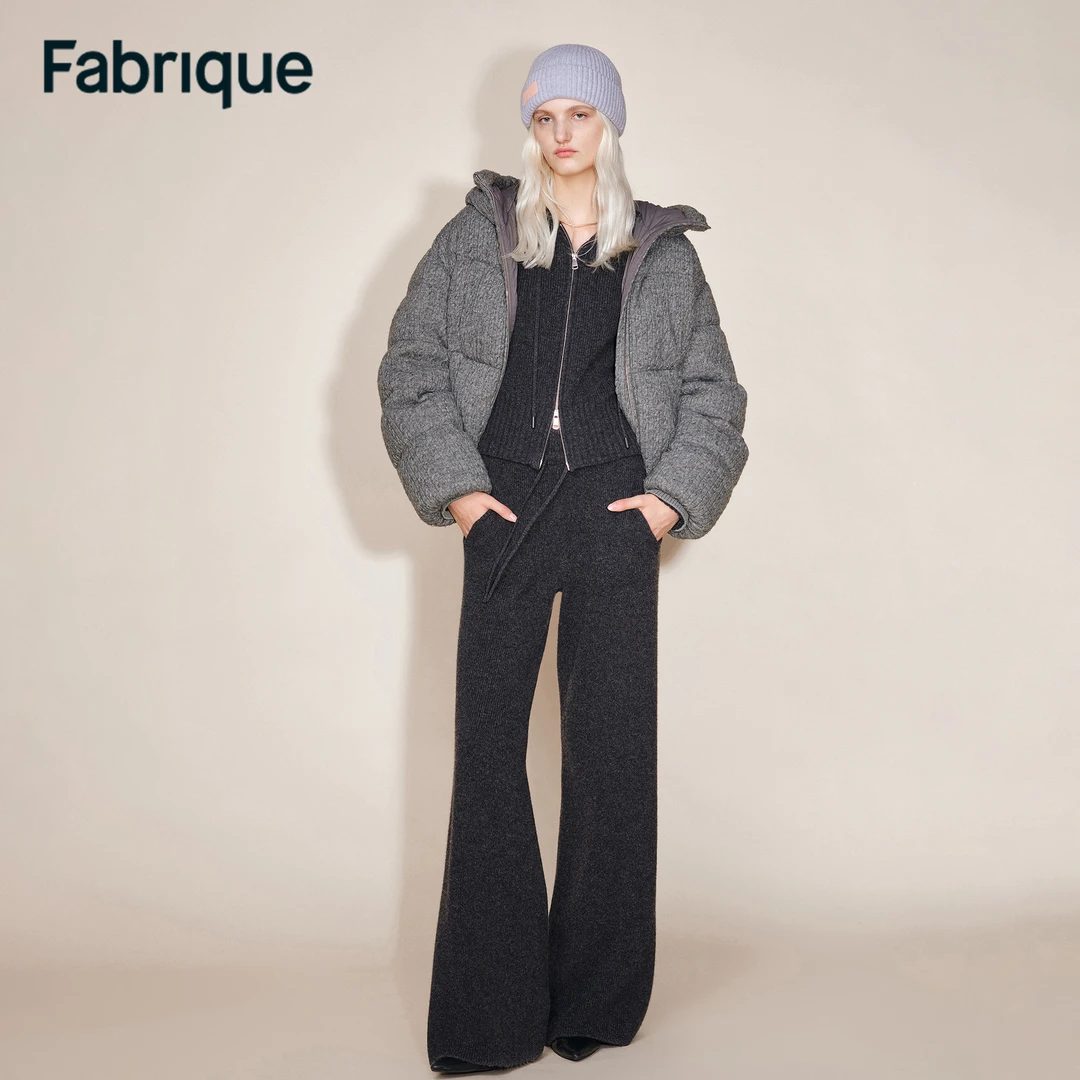 Fabrique Ethel 秋冬新品烟灰色绵羊毛绞花针织鸭绒连帽羽绒服