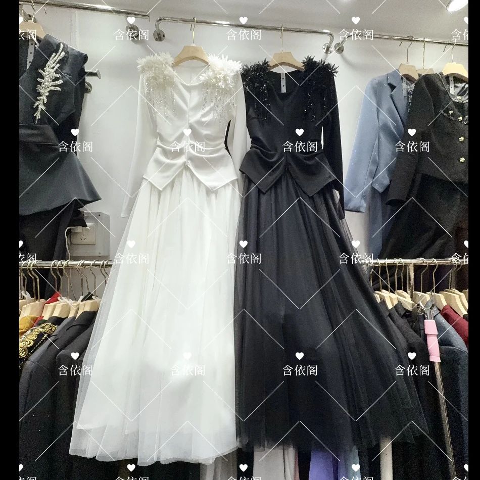 Rayhon长袖法式轻奢设计感重工花朵搭配高腰网纱裙