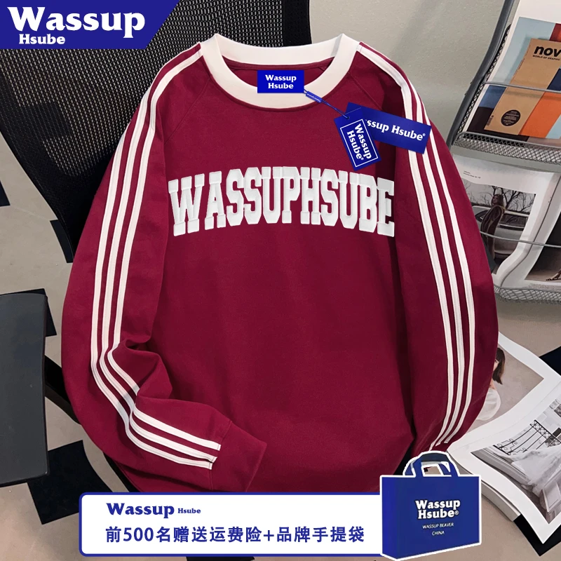 WASSUP HSUBE纯棉小众长袖秋季简约字母印花T恤ins男女三条杠上衣