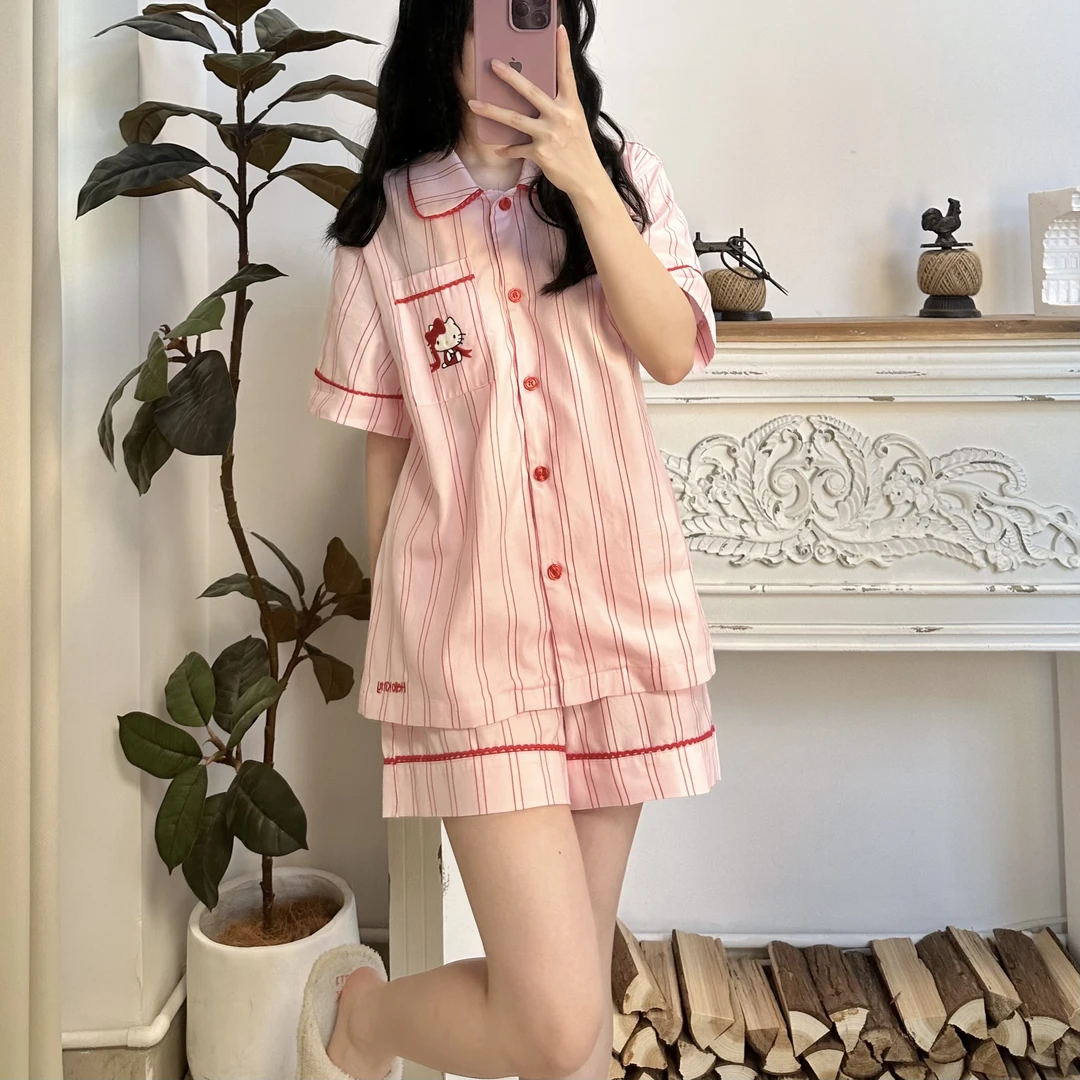 司睿HelloKitty粉色夏季薄款三件套短袖短裤长裤条纹家居服睡衣N