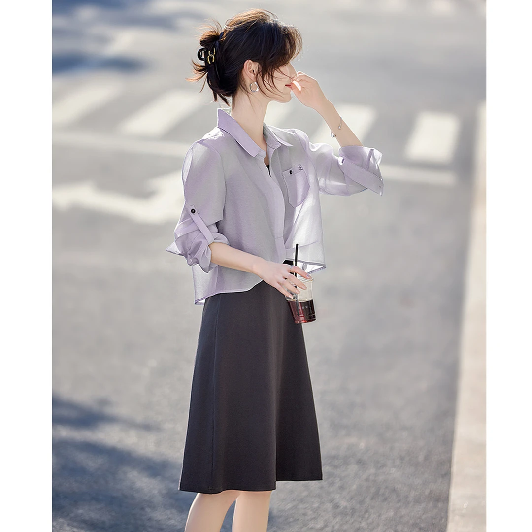 尚静欧若风休闲套装裙2025夏季新款轻薄衬衫+时尚百搭吊带小黑裙