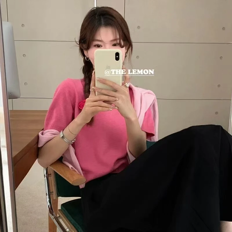 短袖夏季INS风百搭短款毛针织衫高腰韩版宽松针织衫显瘦上衣时尚