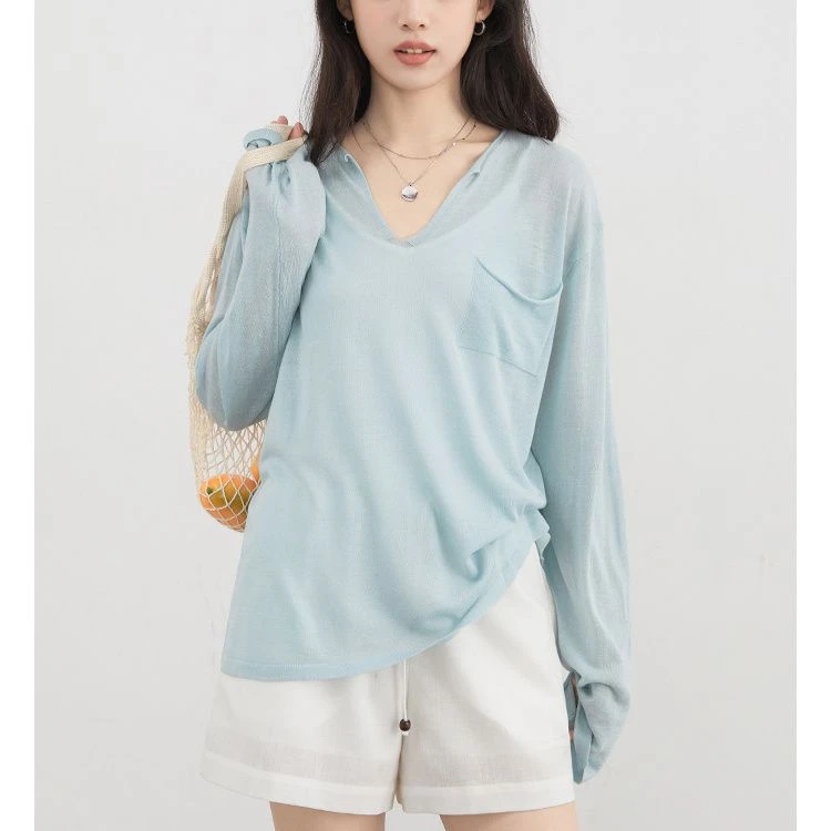 韩系V领微透防晒罩衫长袖T恤女新款独特漂亮初夏上衣
