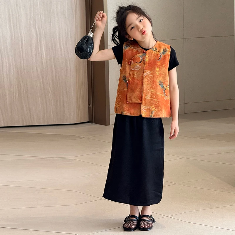 彩虹朵朵夏季女童新中式马甲高精密人丝提花