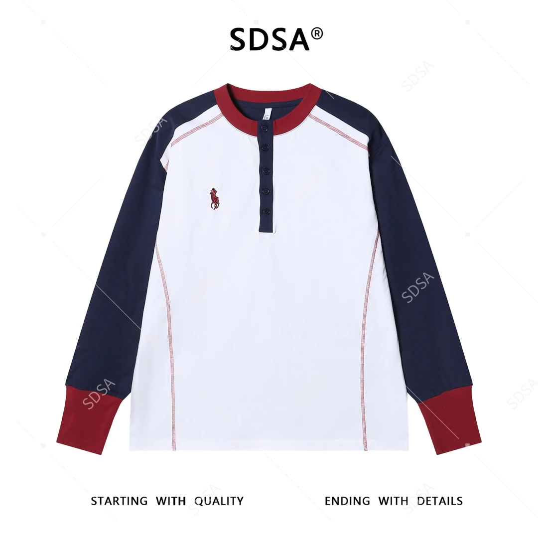 SDSA男士秋冬新款痞帅男装休闲刺绣标拼接缝线半纽扣圆领长袖T恤