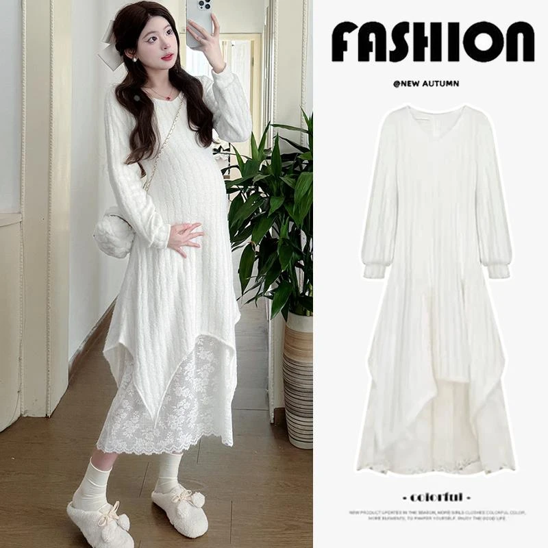孕妇裙春秋2025新款白色蕾丝长裙拼接春季连衣裙小个子高级感春装