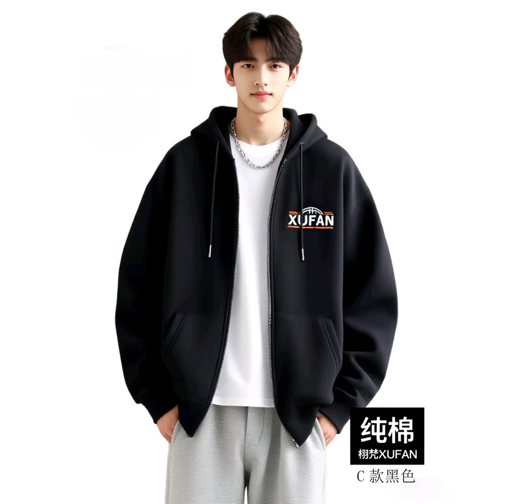 男生秋冬外套黑色连帽拉链开衫栩梵潮牌加绒ins港风宽松大码男装