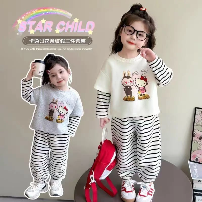 春秋季儿童卫衣套装女童条纹假两件套装宝宝休闲卫衣卫裤运动套装
