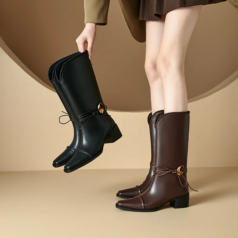 牛皮5cm～复古方头中跟长靴马丁靴时尚气质骑士靴秋风粗跟时装靴