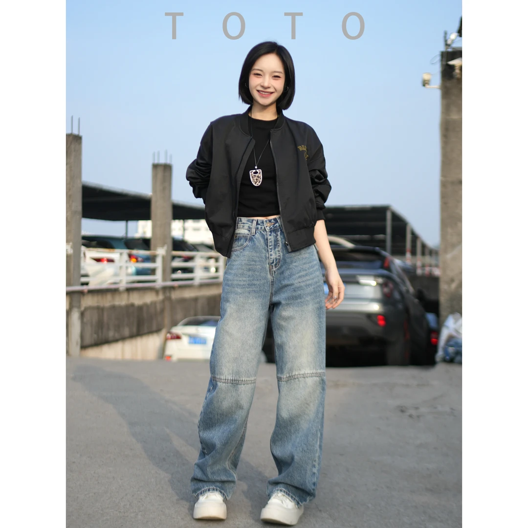 TO【XC33013】春季宽松美式休闲显瘦中高腰水洗复古弯刀牛仔裤